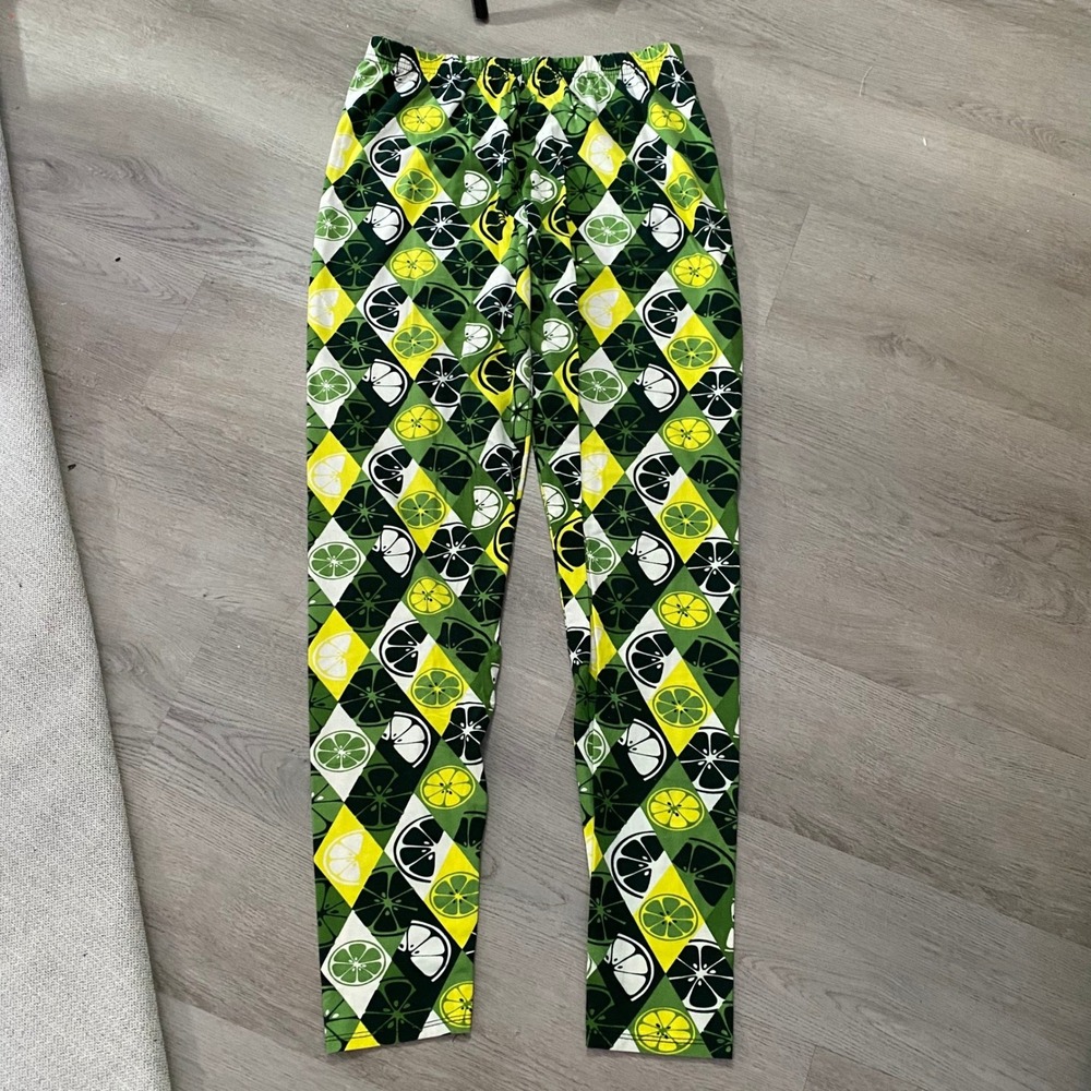 Lemon Lime Harlequin Leggings Womens Plus Size 1X Green Yellow Fruit